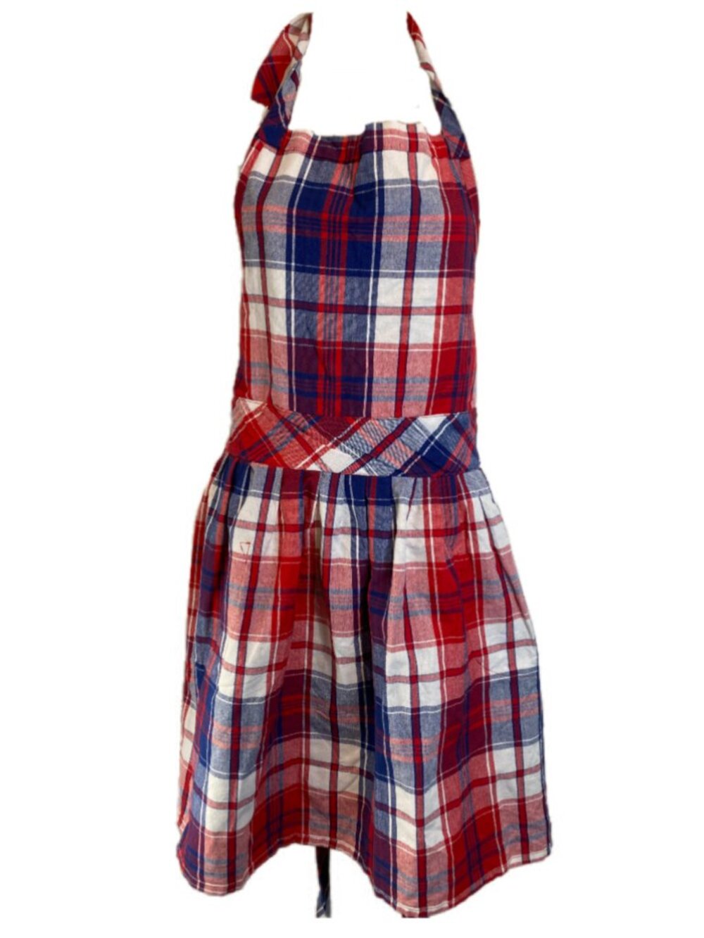 Red White Blue Plaid Cotton Kitchen Apron Halter Retro Style NWT Pockets Tieback